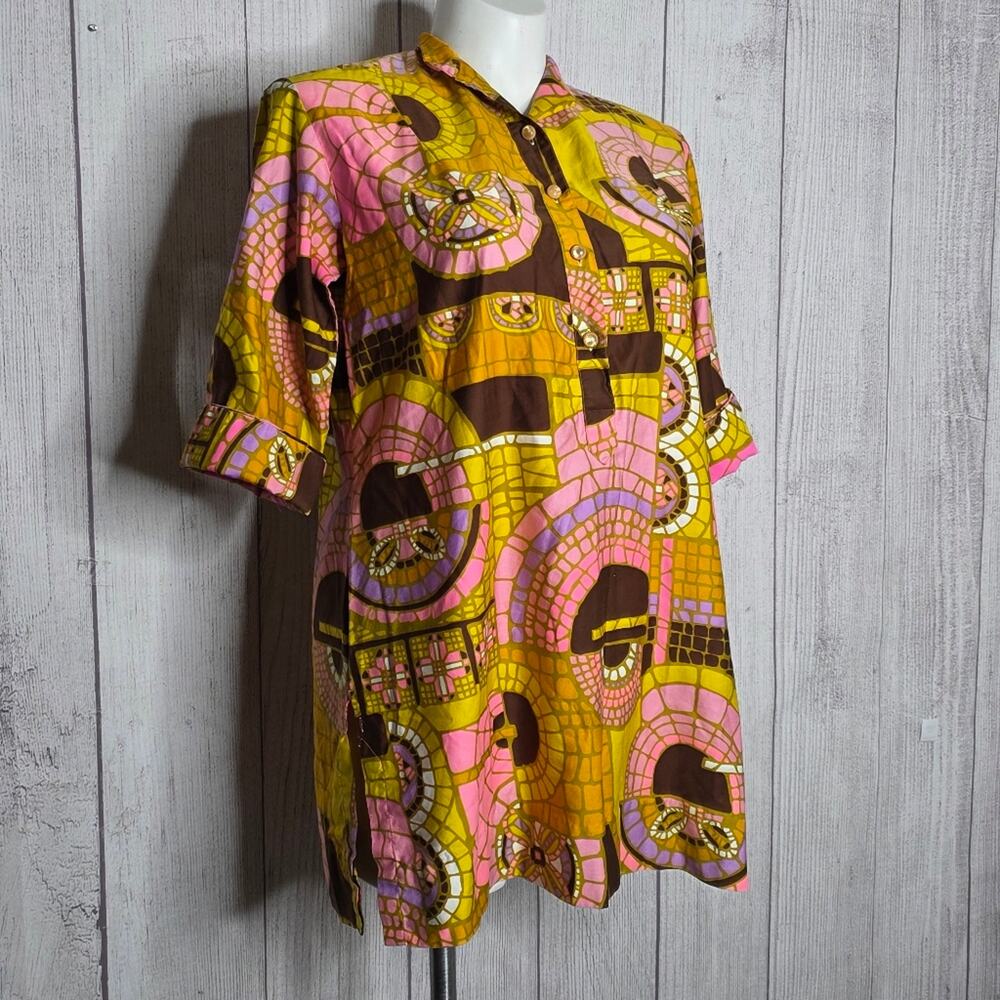 Vintage 1960s Penthouse Gallery Japan Mod Tunic Dress Pink Brown Geometric XL